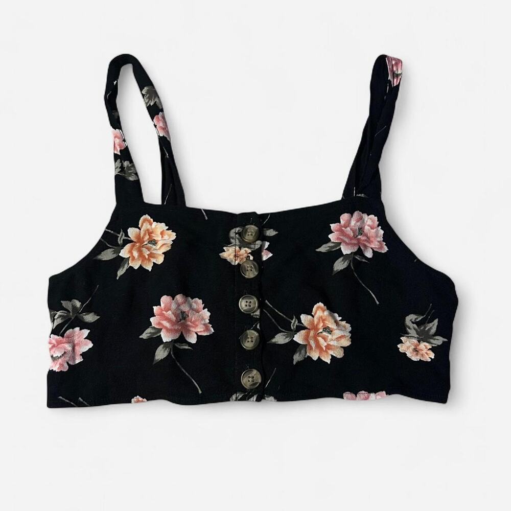 American eagle medium black floral crop top button‎ front lightweight